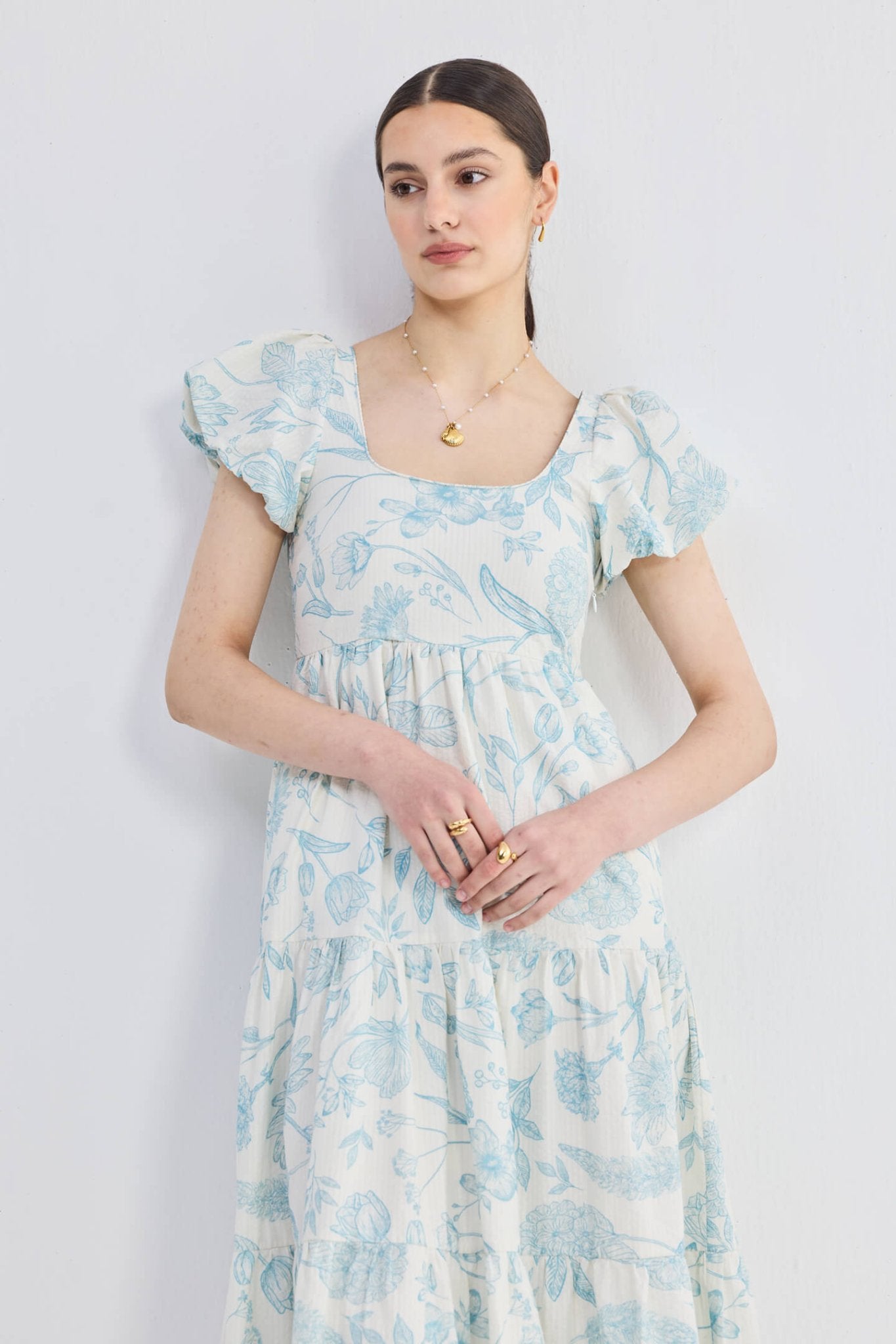 Puff Sleeve Tiered Maxi Dress in Blue Florals - Mode & More