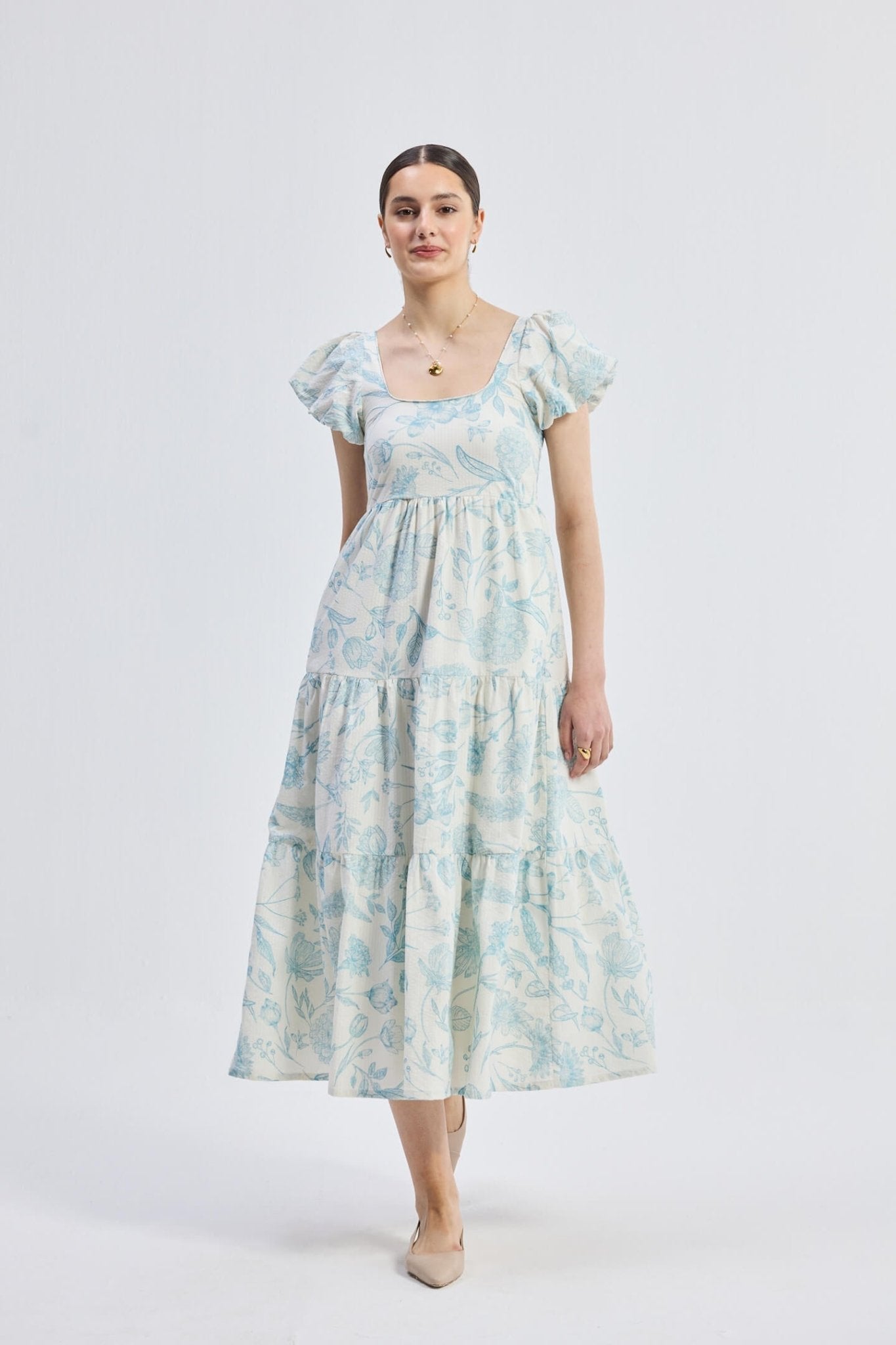 Puff Sleeve Tiered Maxi Dress in Blue Florals - Mode & More