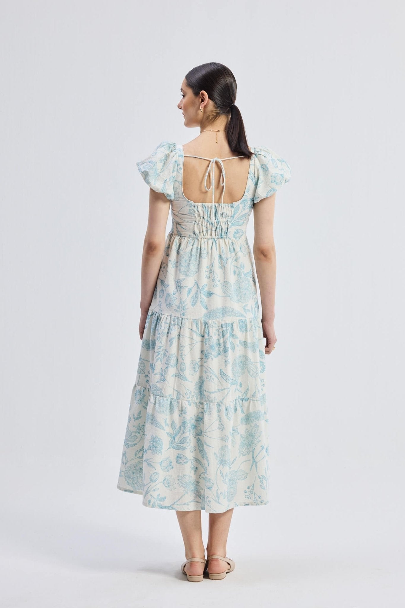 Puff Sleeve Tiered Maxi Dress in Blue Florals - Mode & More