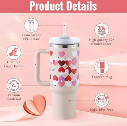 40 Oz Tumbler With Handle Straw Insulated, Stainless Steel Spill Proof Vacuum Coffee Cup Tumbler With Lid Tapered Mug Gifts For Valentine Lover Suitable For Car Gym Office Travel - Mode & More
