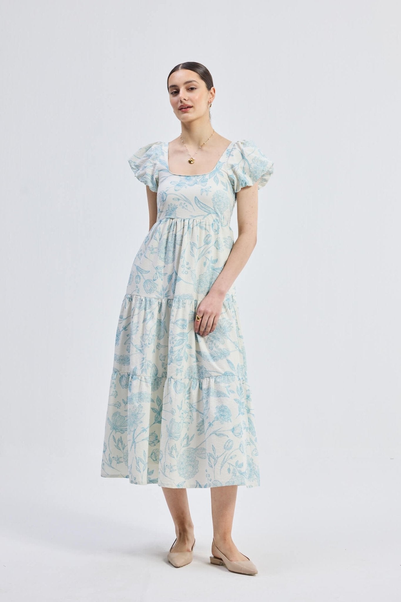 Puff Sleeve Tiered Maxi Dress in Blue Florals - Mode & More