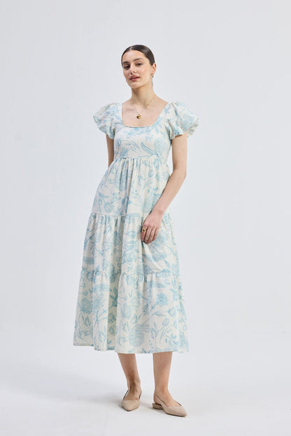 Puff Sleeve Tiered Maxi Dress in Blue Florals - Mode & More