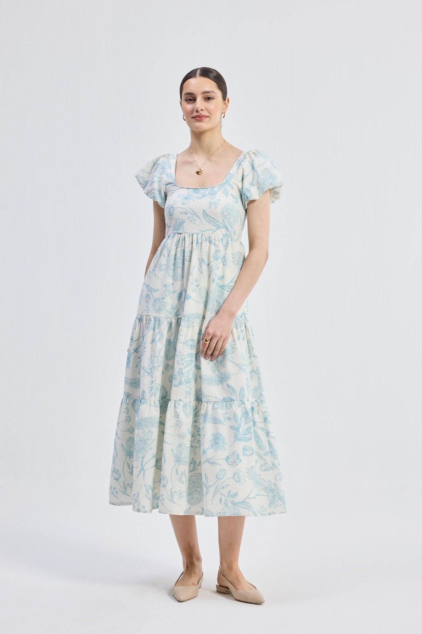 Puff Sleeve Tiered Maxi Dress in Blue Florals - Mode & More