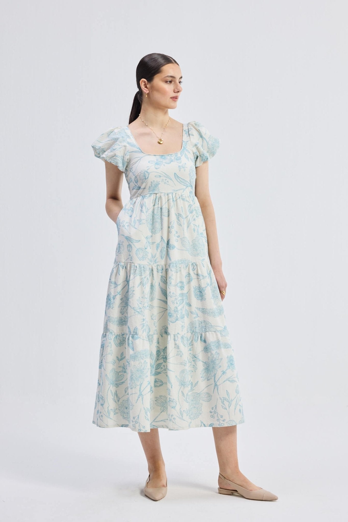 Puff Sleeve Tiered Maxi Dress in Blue Florals - Mode & More