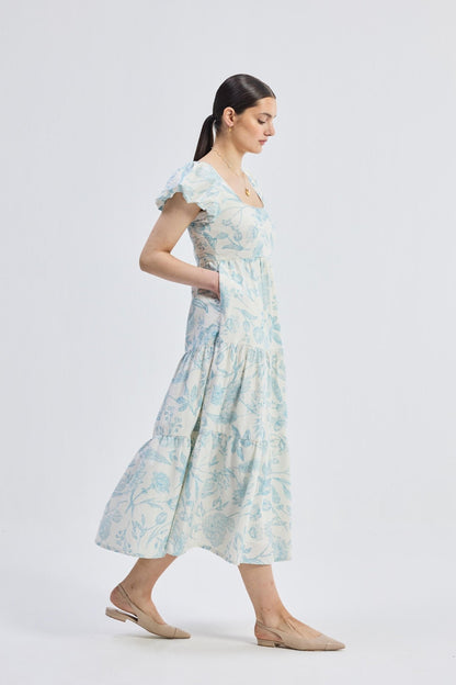 Puff Sleeve Tiered Maxi Dress in Blue Florals - Mode & More