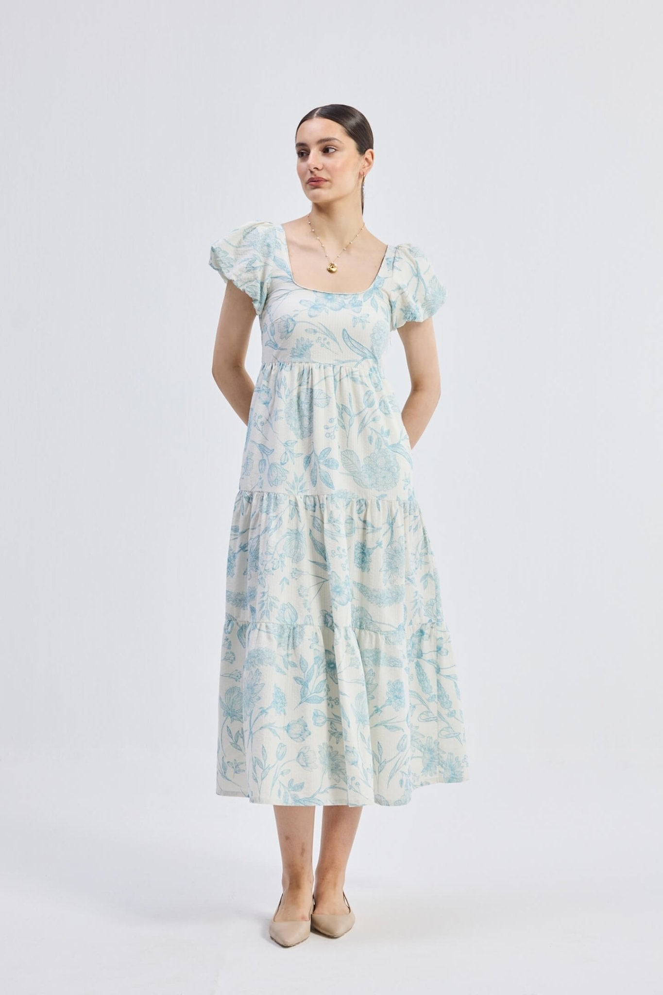 Puff Sleeve Tiered Maxi Dress in Blue Florals - Mode & More