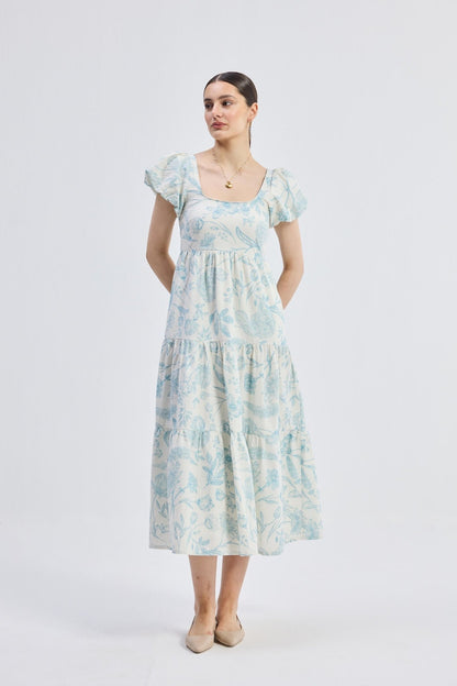Puff Sleeve Tiered Maxi Dress in Blue Florals - Mode & More