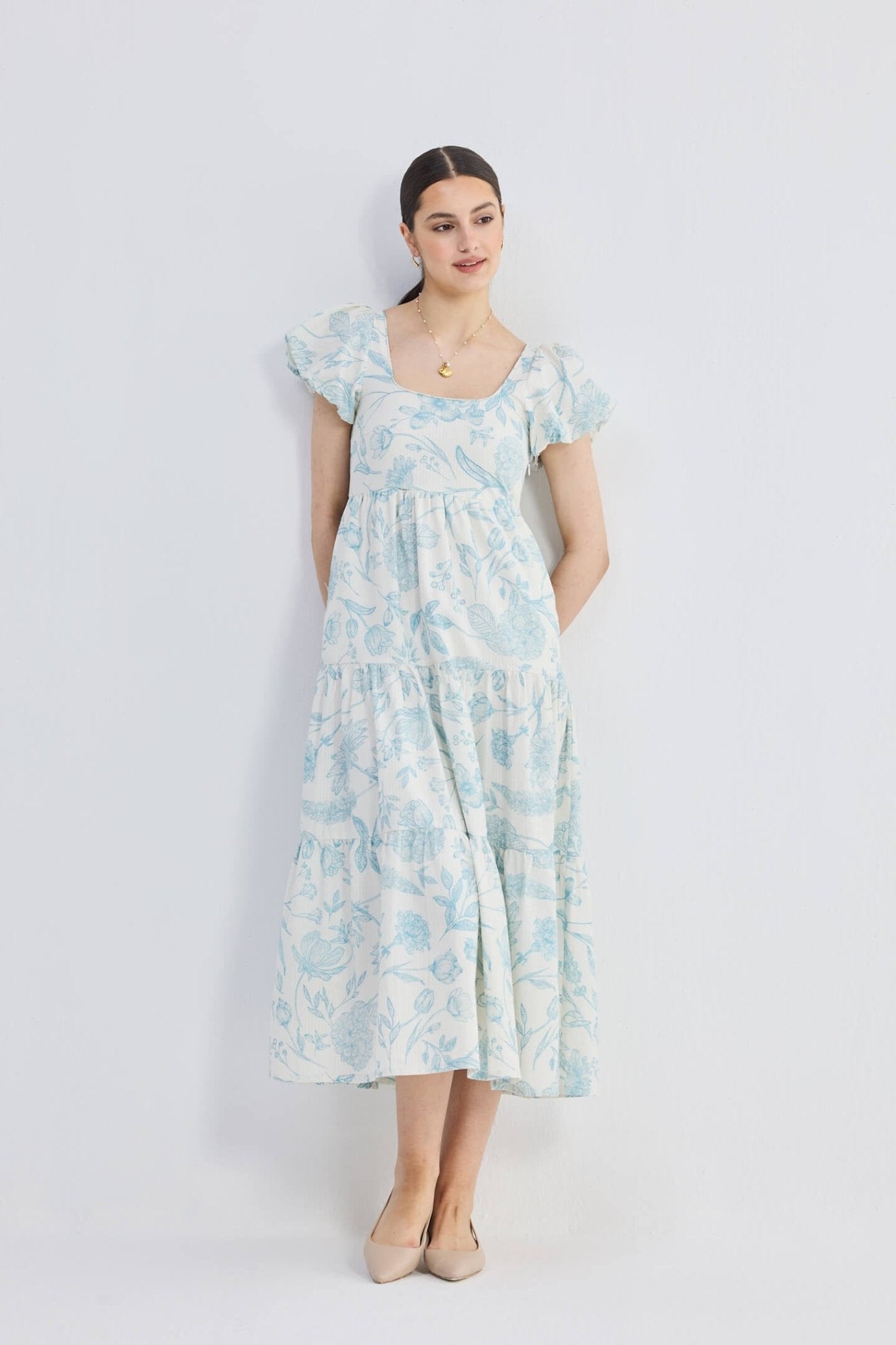 Puff Sleeve Tiered Maxi Dress in Blue Florals - Mode & More