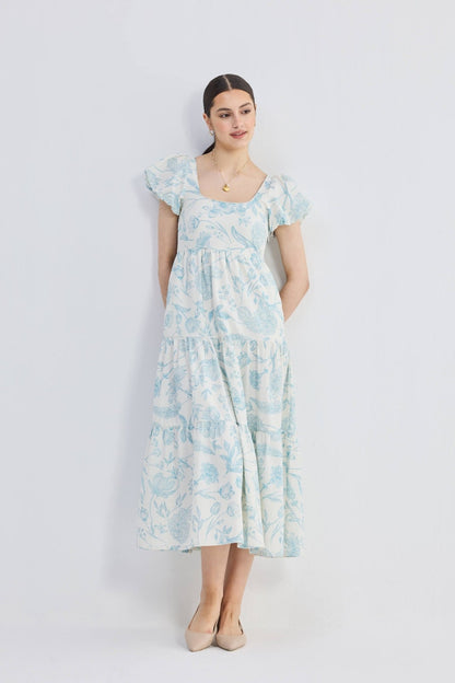 Puff Sleeve Tiered Maxi Dress in Blue Florals - Mode & More