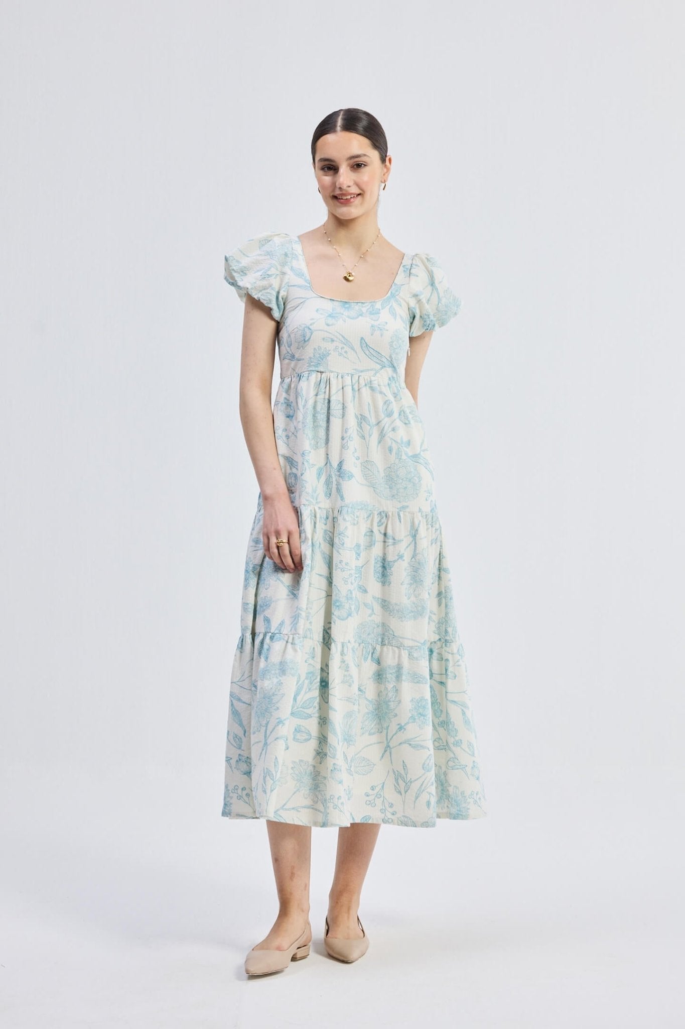 Puff Sleeve Tiered Maxi Dress in Blue Florals - Mode & More